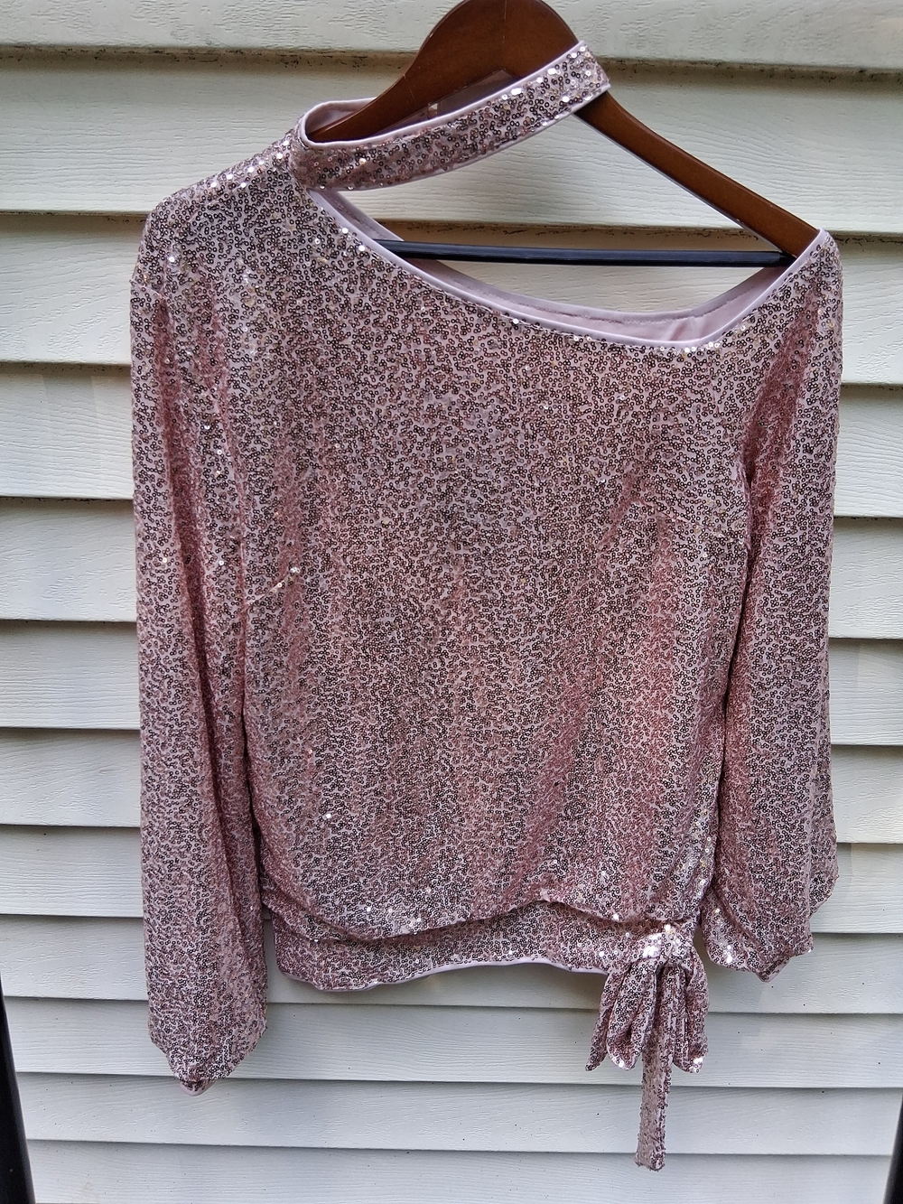 Genhoo Women's Sequin Blouse With Balloon Sleeves & Tie Hem Size Large NWT